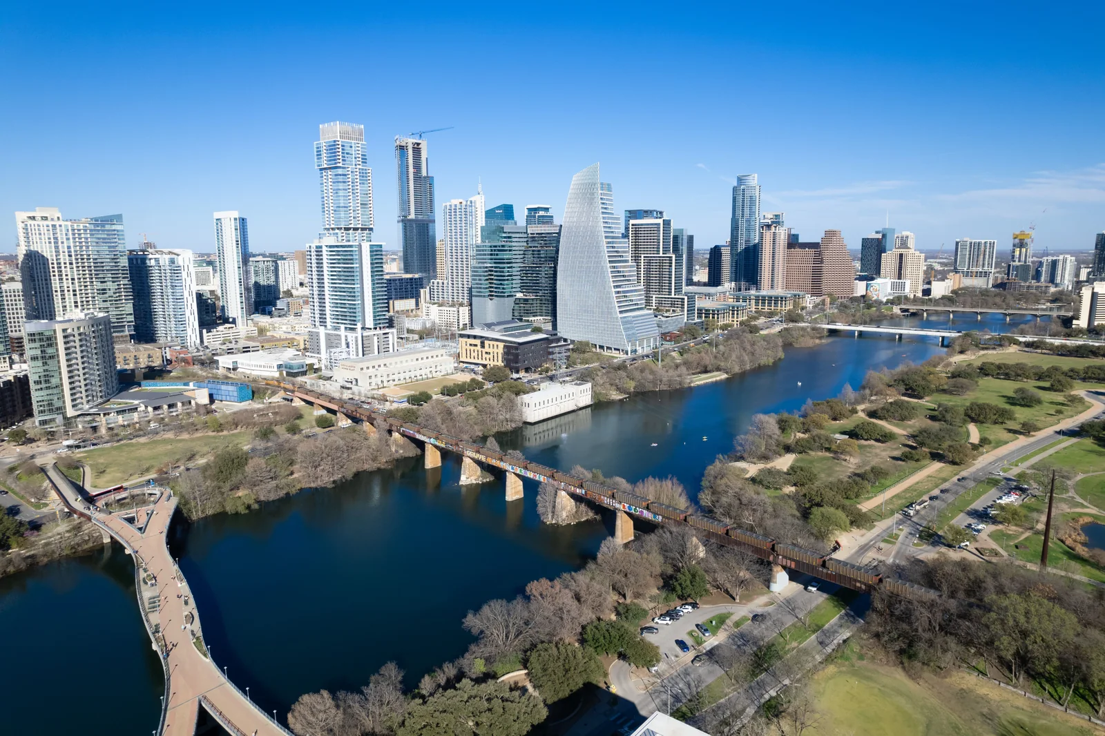 Austin skyline, river and green space viewed from above